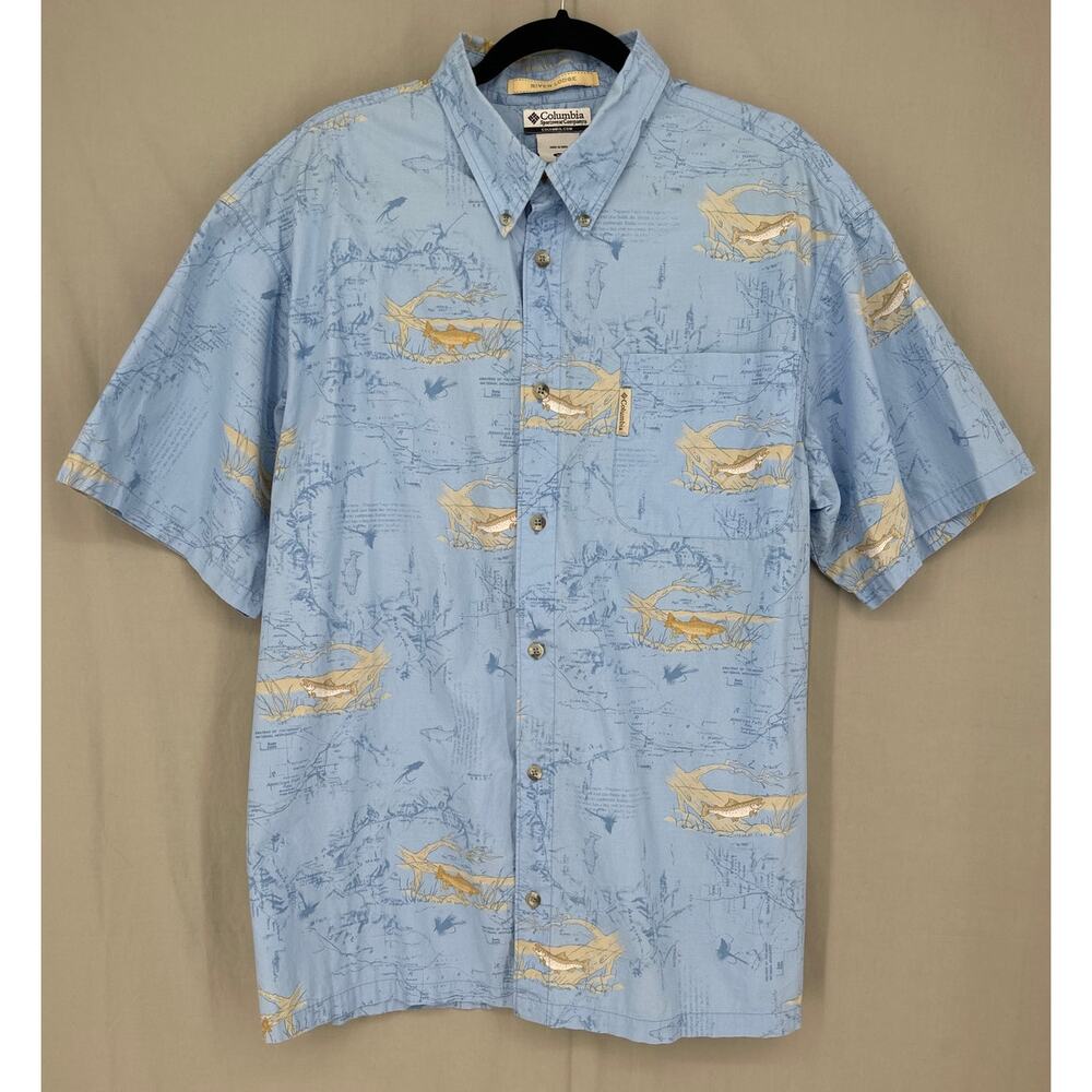 Columbia Shirt Mens XL Blue Fish Print Button Map Fisherman River Lodge Outdoors
